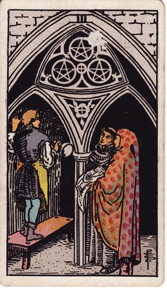 Three of Pentacles: A sculptor at his work in a monastery.