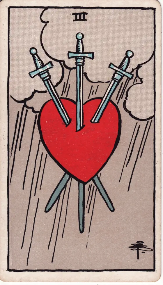 Three of Swords: Three swords piercing a heart; cloud and rain behind.