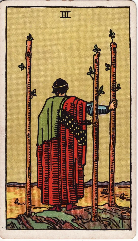 Three of Wands: A calm, stately personage, with his back turned, looking from a cliff's edge at ships passing over the sea.