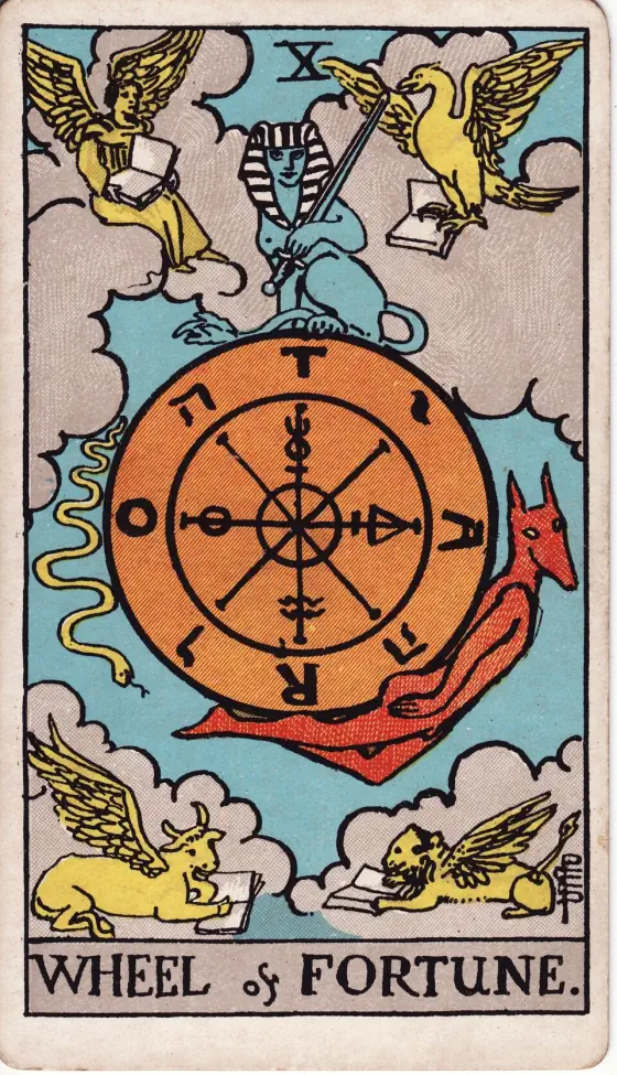 Wheel of Fortune: A great wheel marked with letters and symbols turns in the clouds, a sphinx holding a sword on top, a snake going down one side and a red jackal-headed figure rising on the other; a winged man, an eagle, a bull and a lion sit reading in the four corners.